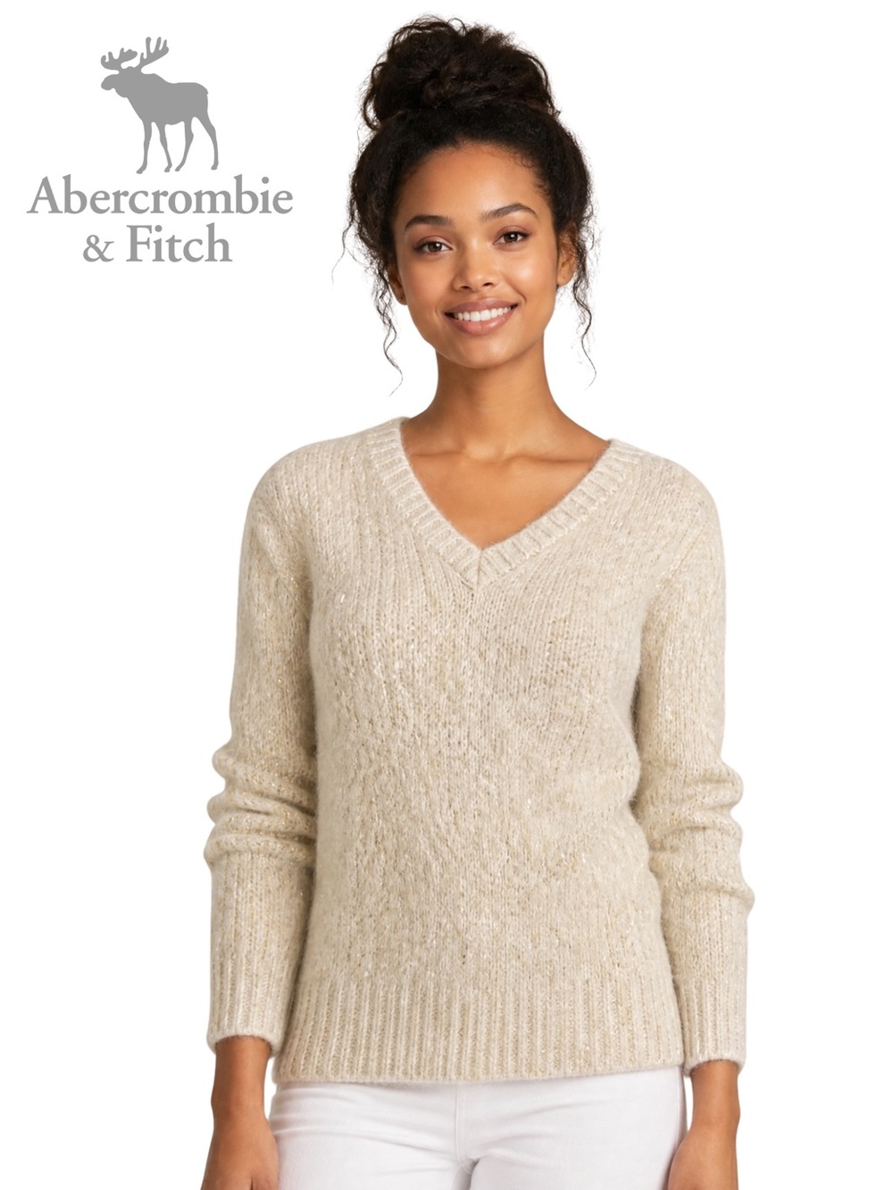 ABERCROMBIE & FITCH Furry V-Neck Sweater with Gold Thread